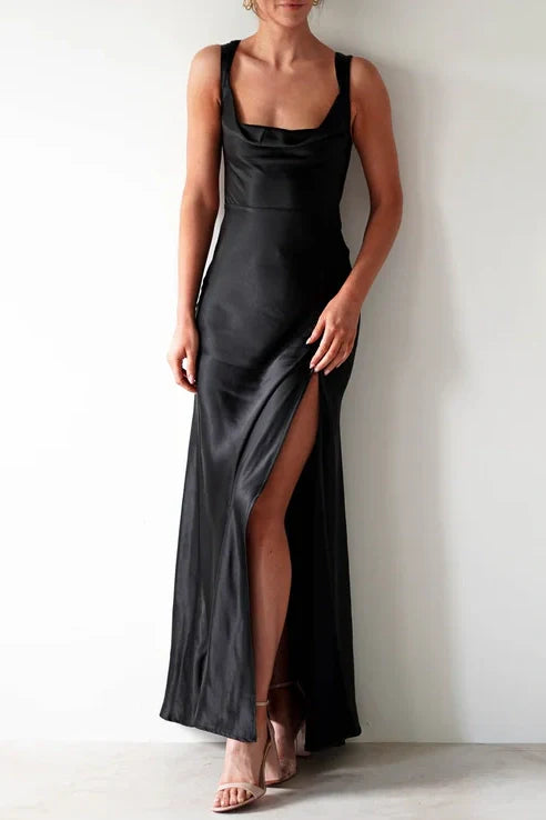 Sweety Satin Square Neck Yellow Long Prom Dress with Criss Cross Back