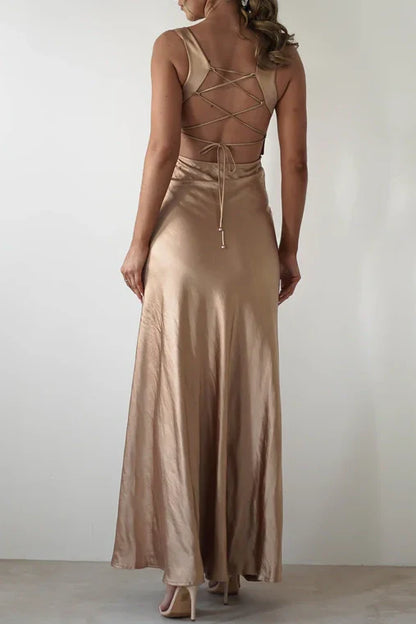 Sweety Satin Square Neck Yellow Long Prom Dress with Criss Cross Back