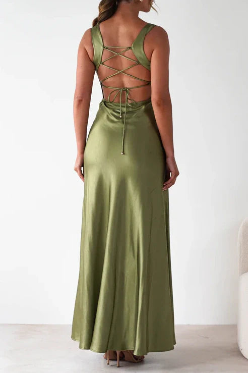 Sweety Satin Square Neck Yellow Long Prom Dress with Criss Cross Back
