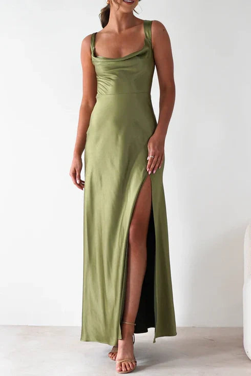 Sweety Satin Square Neck Yellow Long Prom Dress with Criss Cross Back