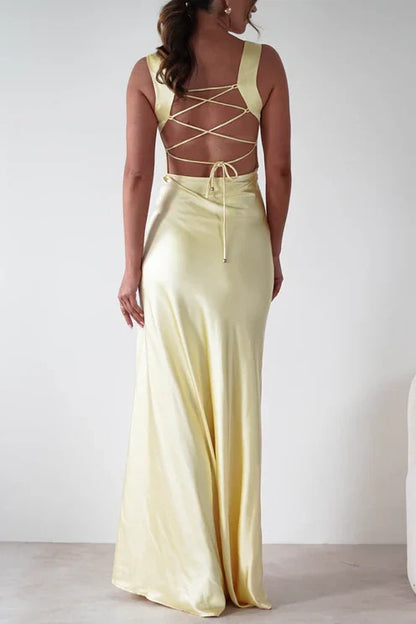 Sweety Satin Square Neck Yellow Long Prom Dress with Criss Cross Back