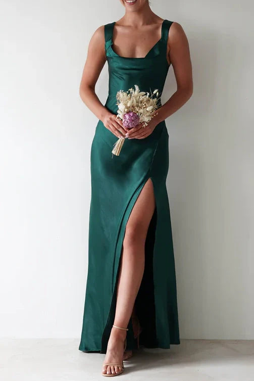 Sweety Satin Square Neck Yellow Long Prom Dress with Criss Cross Back