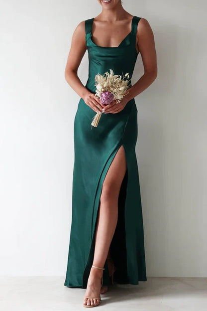 Sweety Satin Square Neck Yellow Long Prom Dress with Criss Cross Back