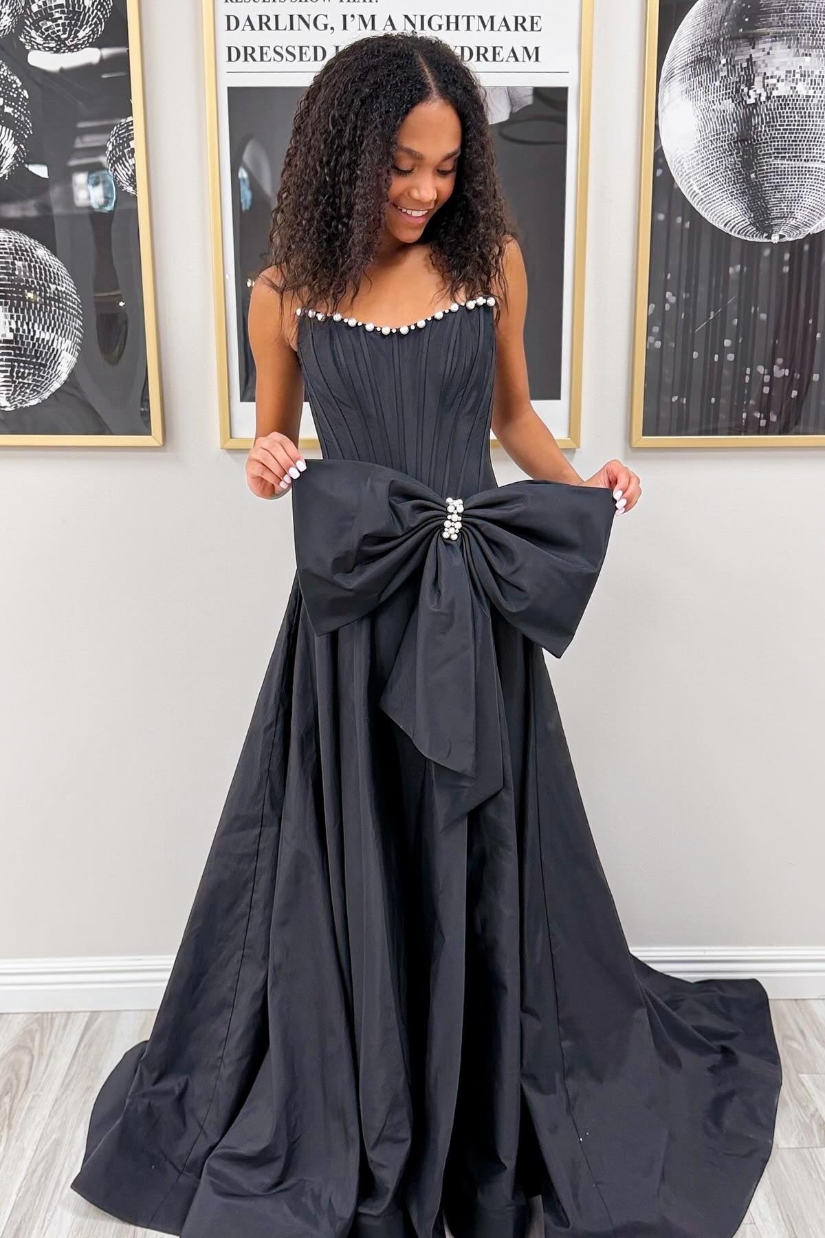 Pink Satin Corset Prom Dress with Neckline Pearl Trim & Oversized Bow