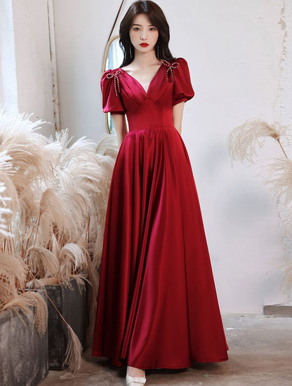 Satin Junior Senior Prom Dress Evening Long Dress with Sleeves Y6061