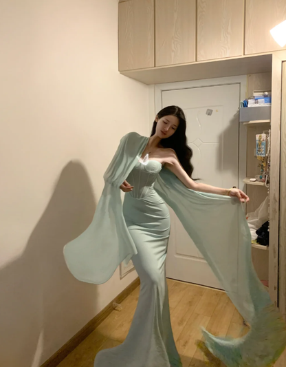 Classy Strapless Light Green Satin Mermaid Party Dress Long Evening Gown