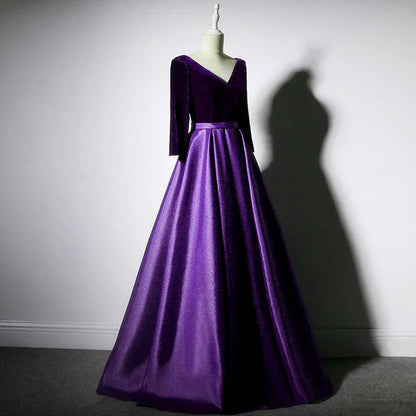 Dark Red Velvet and Satin V-neckline Long Prom Dresses Dark Purple A Line Evening Dress Elegant Wholesale