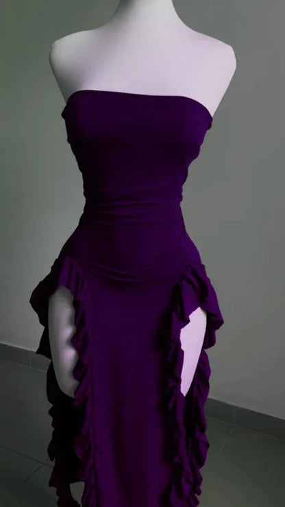 Burgundy Strapless Sheath Midi Length Ruffle Sexy Evening Dress Off Shoulder Party Dress Wholesale