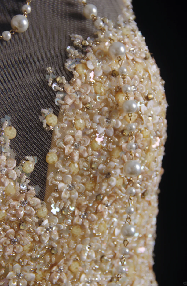 Luxurious Champagne Sleeveless Tulle Beaded Mermaid Long Birthday Party Dress Evening Gown