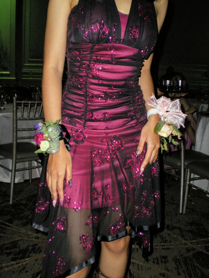 Vintage Halter Hot Pink Satin Sequin Short Graduation Homecoming Dress 19th Birthday Outfits SP134