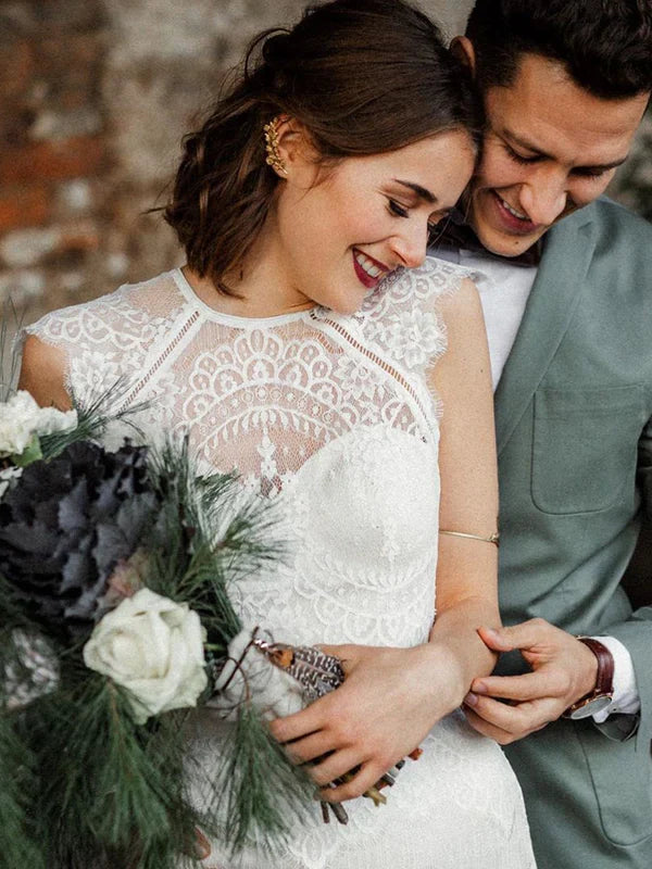 Fabulous Mermaid Lace Backless Sweep Train Wedding Dresses With Cap Sleeves Gown Elegant