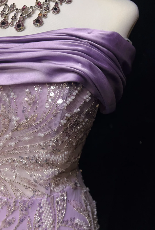 Glamorous  Strapless Lavender Tulle Satin Beaded Slit Mermaid Evening Dress Long Birthday Prom Gowns SP1965