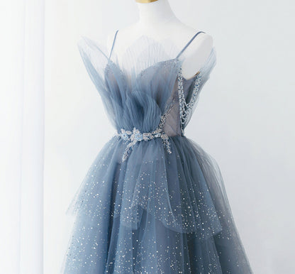 Gorgeous Blue Sparkly Tulle Beaded Prom Dress, Tiered Formal Gown With Rhinestone Tp01