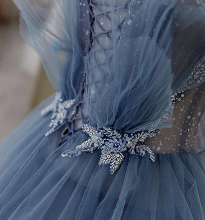 Gorgeous Blue Sparkly Tulle Beaded Prom Dress, Tiered Formal Gown With Rhinestone Tp01