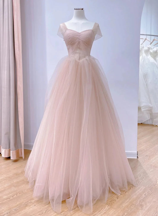Pink Tulle Short Sleeves A-line Long Evening Dress, Pink Tulle Prom Dress TP1108