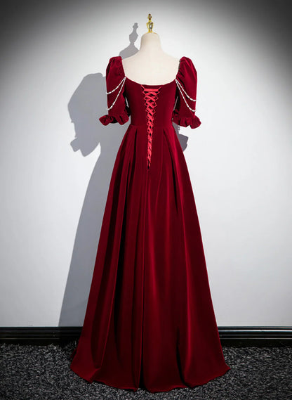 Wine Red A-line Velvet Long Bridesmaid Dress, Wine Red Long Prom Dress TP1111