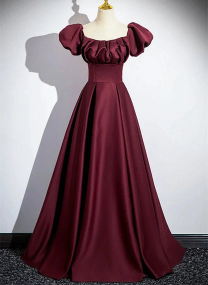Wine Red Satin A-line Simple Off Shoulder Prom Dress, Wine Red Evening Dress TP1126