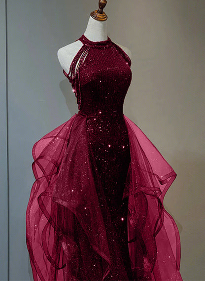 A-line Sequins with Tulle Wine Red Long Party Dress, Wine Red Halter Prom Dress TP1132