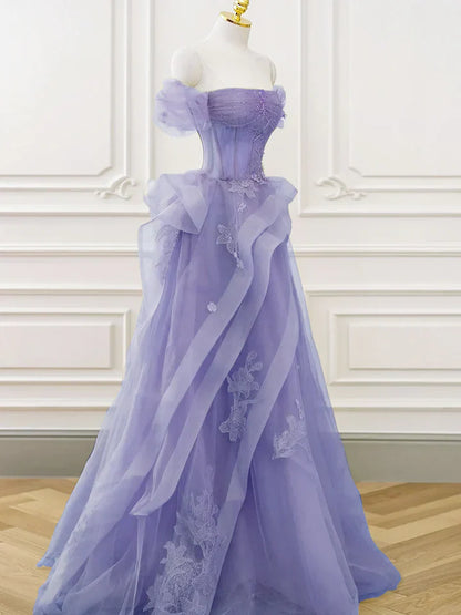 Purple A-line Tulle Off Shoulder Long Prom Dress, Purple Lace Evening Dress TP1133