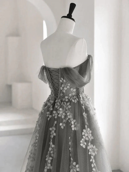 Grey Sweetheart Off Shoulder Tulle Long Party Dress, A-line Grey Prom Dress Evening Dress TP1140