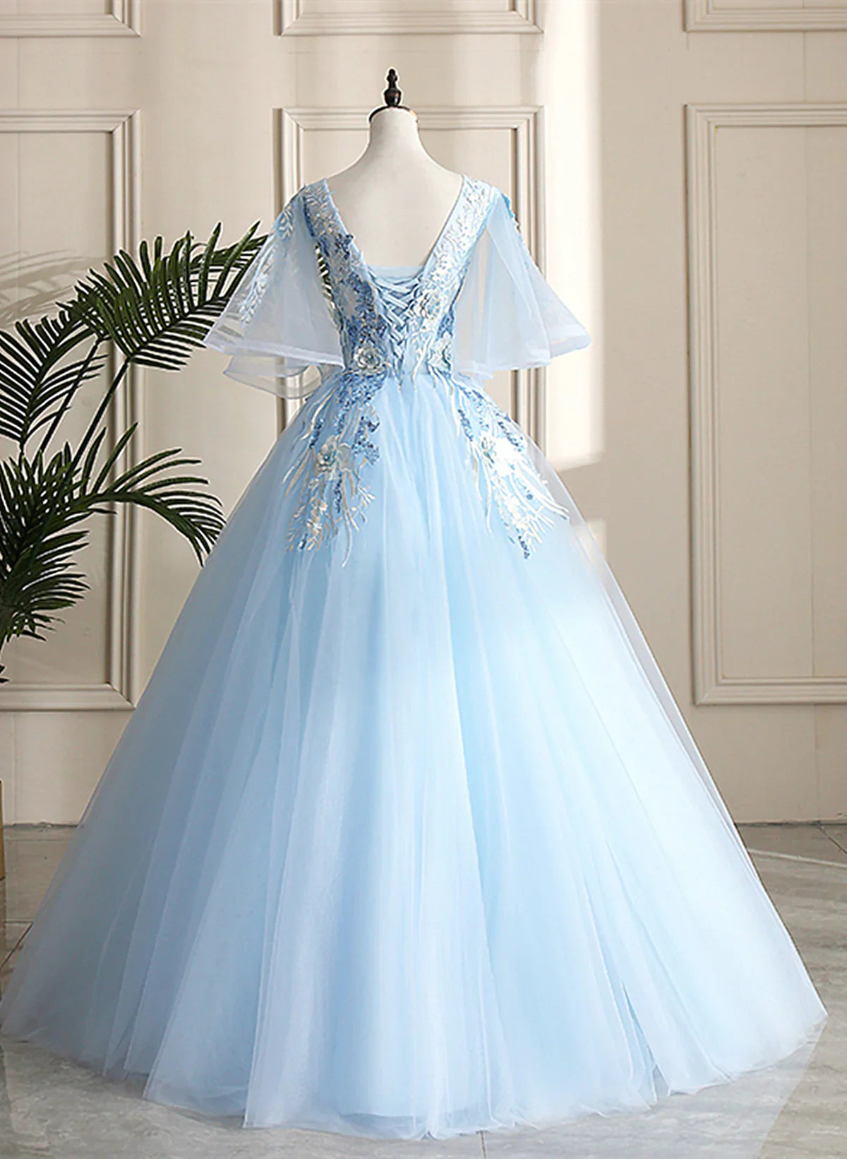 Light Blue Ball Gown V-neckline Puffy Sleeves Party Dress, Light Blue Sweetheart 16 Dress TP1141