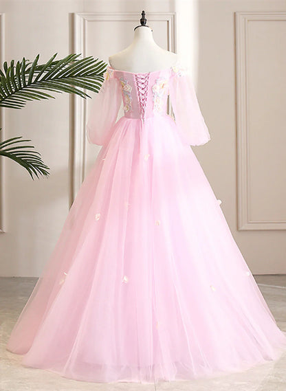 Pink Off Shoulder Tulle Ball Gown Formal Dress, Pink Flowers Party Dress Sweet 16 Dress TP1143