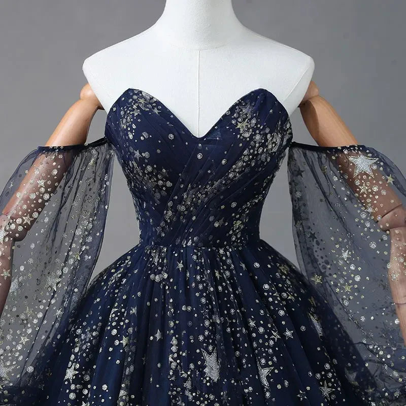 Navy Blue Tulle A-line Long Party Dress Evening Dress, Navy Blue Long Prom Dress TP1150
