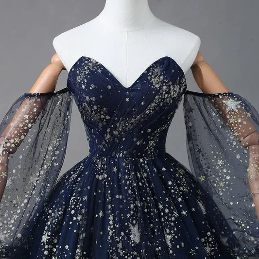 Navy Blue Tulle A-line Long Party Dress Evening Dress, Navy Blue Long Prom Dress TP1150