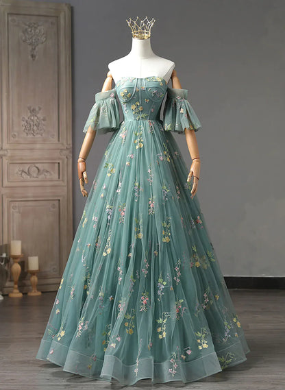 Green Floral Straps Sweetheart Long Party Dress, Green Sweet 16 Dress TP1152