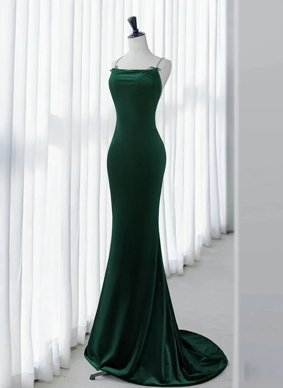 Green Mermaid Velvet Long Party Dress, Green Straps Velvet Evening Dress TP1154