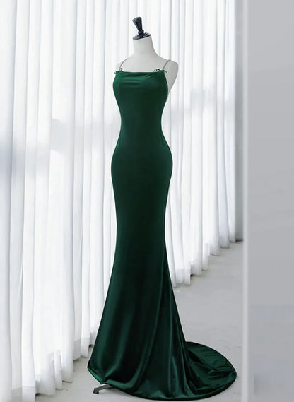 Green Mermaid Velvet Long Party Dress, Green Straps Velvet Evening Dress TP1154