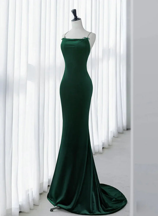 Green Mermaid Velvet Long Party Dress, Green Straps Velvet Evening Dress TP1154