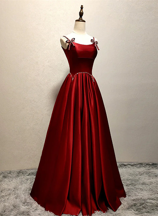 Wine Red Straps Satin Long Party Dress, Wine Red A-line Long Prom Dress TP1160