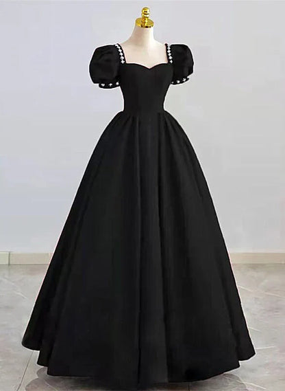 Simple Pretty Black Satin Short Sleeves Beaded Party Dress, Black Long Evening Dress TP1169