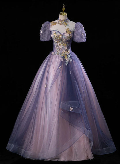 Pink and Purple Tulle Long Party Dress with Beadings, High Neckline Sweet 16 Dress TP1172