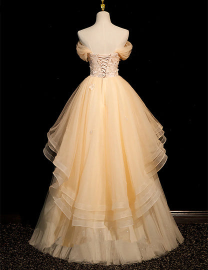 Champagne A-line Tulle Layers with Lace Party Dress, Long Tulle Formal Dress Prom Dress TP1173