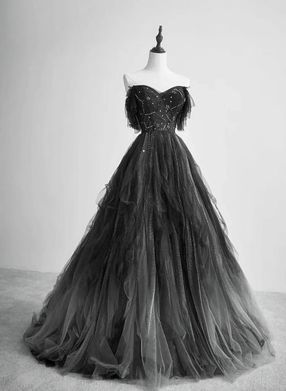 Vintage Black Tulle Off-Shoulder Party Dress Beaded Long Evening Dress A-Line Ruffled Prom Dress TP1174