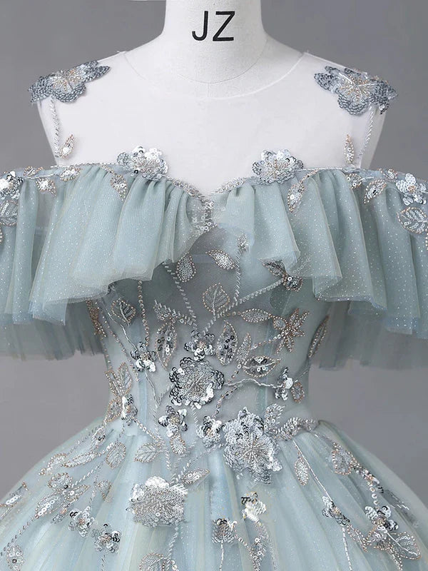Glam Blue Tulle Sequins Lace Round Neckline Long Prom Dress, Blue Wedding Party Dress TP1175
