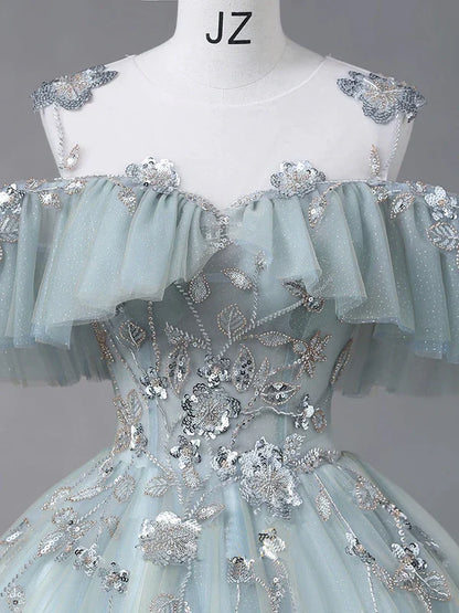 Glam Blue Tulle Sequins Lace Round Neckline Long Prom Dress, Blue Wedding Party Dress TP1175