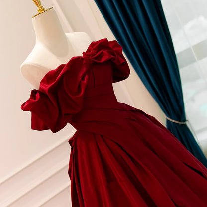 Wine Red Satin Off Shoulder Chic Long Party Dress, Wine Red Sweetheart Prom Dress TP1177