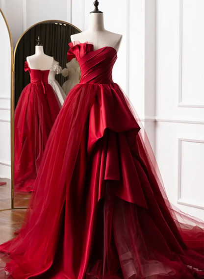 Beautiful Wine Red Sweetheart Tulle and Satin Party Dress, Wine Red Long Formal Dress TP1178