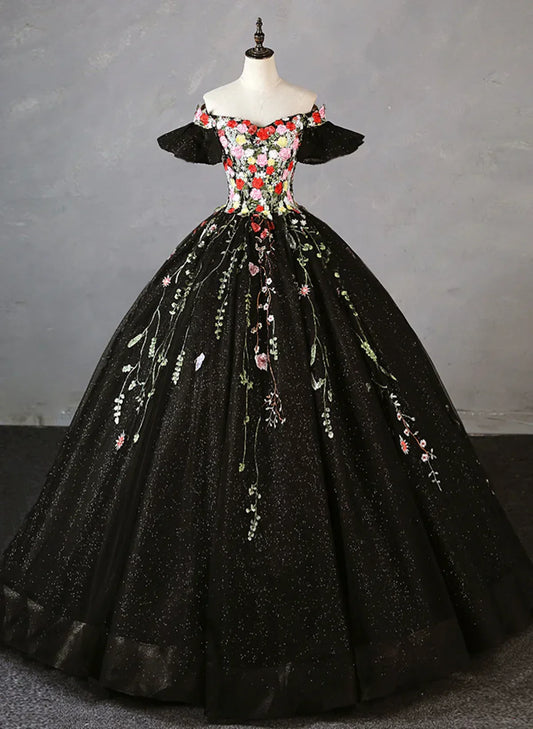 Black Tulle Ball Gown Sweetheart Formal Dress, Black Floral Sweet 16 Dress Evening Dress TP1179