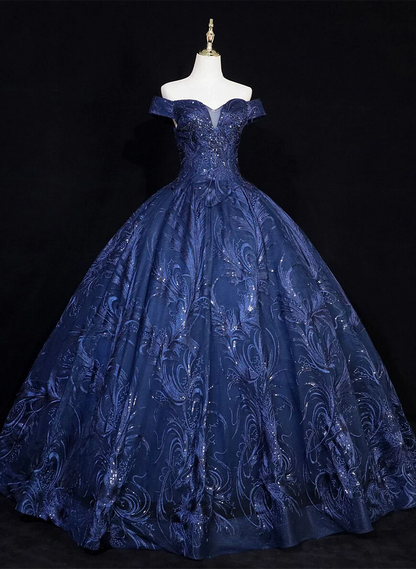 Lovely Navy Blue Floral Tulle Ball Gown Sweet 16 Dress,Navy Blue Off Shoulder Long Formal Dress TP1181