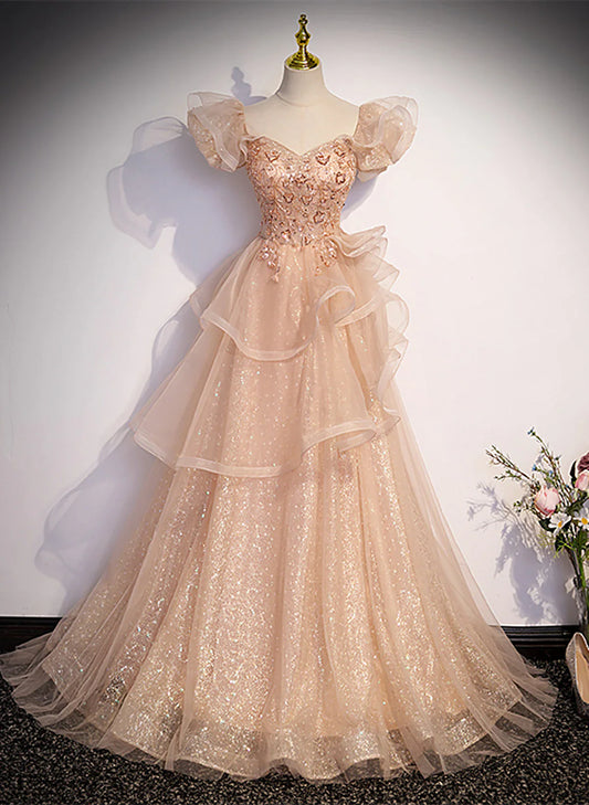 Cute A-line Shiny Tulle with Lace Off Shoulder Party Dress, Long Floor Length Prom Dress TP1183