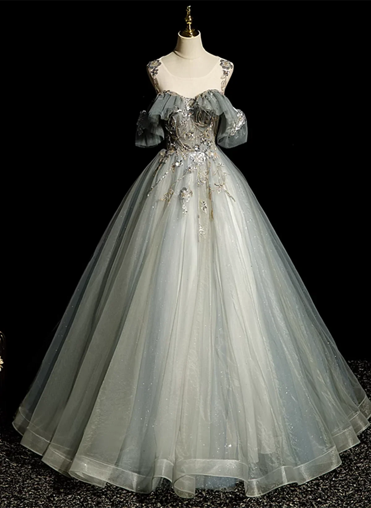 Green Ball Gown Round Neckline with Lace Sweet 16 Dress, Green Tulle Formal Dress TP1186
