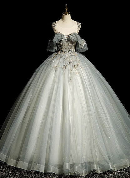 Green Ball Gown Round Neckline with Lace Sweet 16 Dress, Green Tulle Formal Dress TP1186