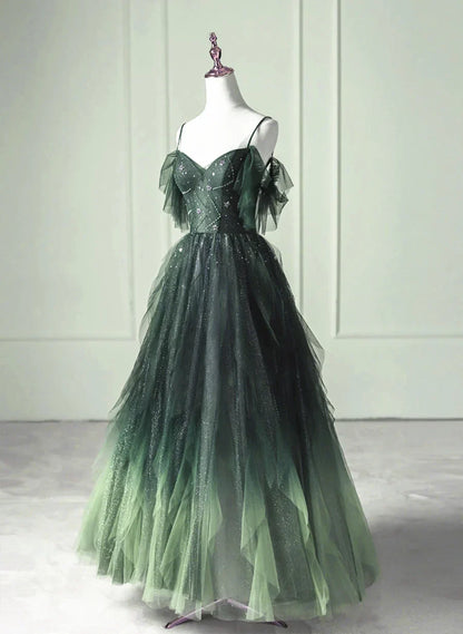 Green Gradient Tulle A-line Long Formal Dress, Green Beaded Straps Party Dress Prom Dress TP1189