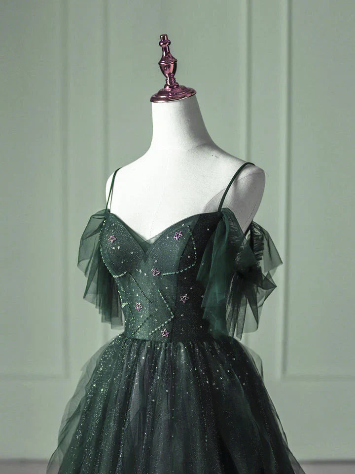 Green Gradient Tulle A-line Long Formal Dress, Green Beaded Straps Party Dress Prom Dress TP1189