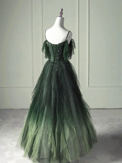 Green Gradient Tulle A-line Long Formal Dress, Green Beaded Straps Party Dress Prom Dress TP1189