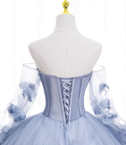 Light Blue Tulle Puffy Sleeves with Flowers Sweet 16 Dress, Light Blue Formal Dress TP1191